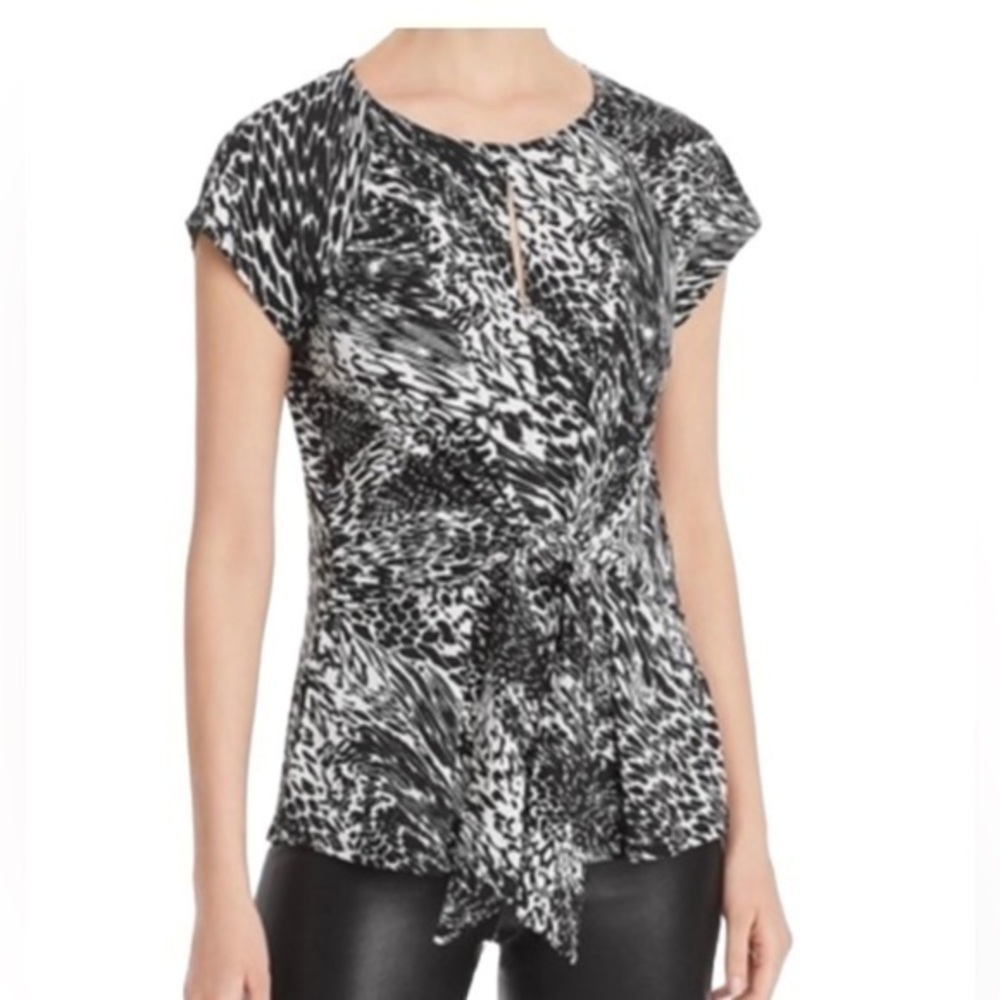 Chenault Pullover Short Sleeves Animal Print Tie Front Casual Blouse PM